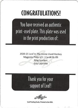 2020-21 Leaf In The Game Used - Ring Leaders Printing Plate Magenta #RL-09 Guy Lapointe Back