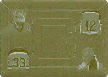 2020-21 Leaf In The Game Used - The Captain's Log Printing Plate Yellow #TCL-09 Raymond Bourque / Wayne Cashman / Zdeno Chara / Johnny Bucyk Front
