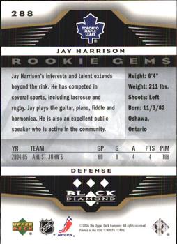 2005-06 Upper Deck Rookie Update - 2005-06 Upper Deck Black Diamond Update #288 Jay Harrison Back