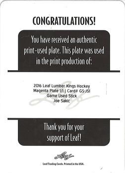 2016 Leaf Lumber Kings - Game-Used Stick Printing Plates Magenta #GS-JS1 Joe Sakic Back