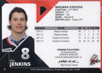 2013-14 Extreme Niagara IceDogs (OHL) Autographs #6 Billy Jenkins Back