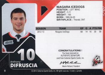 2013-14 Extreme Niagara IceDogs (OHL) Autographs #8 Anthony Difruscia Back