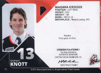2013-14 Extreme Niagara IceDogs (OHL) Autographs #11 Graham Knott Back