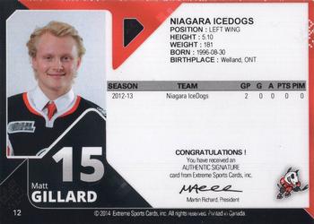 2013-14 Extreme Niagara IceDogs (OHL) Autographs #12 Matt Gillard Back
