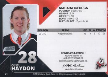 2013-14 Extreme Niagara IceDogs (OHL) Autographs #21 Aaron Haydon Back