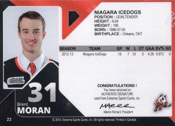 2013-14 Extreme Niagara IceDogs (OHL) Autographs #23 Brent Moran Back