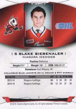2015-16 Extreme Niagara IceDogs (OHL) Autographs #3 Blake Siebenaler Back