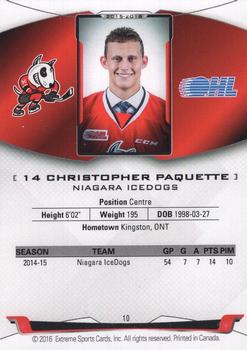 2015-16 Extreme Niagara IceDogs (OHL) Autographs #10 Christopher Paquette Back