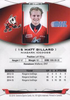 2015-16 Extreme Niagara IceDogs (OHL) Autographs #11 Matt Gillard Back