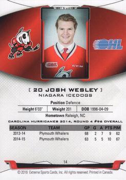 2015-16 Extreme Niagara IceDogs (OHL) Autographs #14 Josh Wesley Back