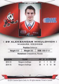 2015-16 Extreme Niagara IceDogs (OHL) Autographs #22 Aleksandar Mikulovich Back
