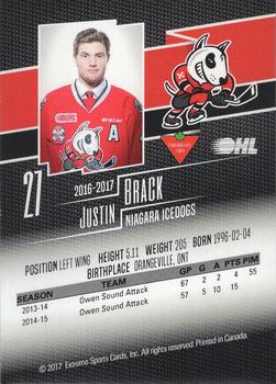 2016-17 Extreme Canadian Tire Niagara IceDogs (OHL) Autographs #NNO Justin Brack Back