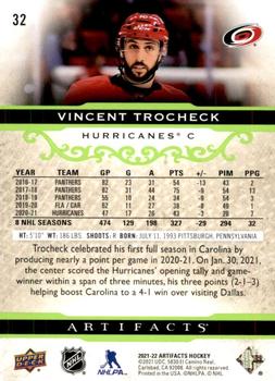 2021-22 Upper Deck Artifacts - Neon Green #32 Vincent Trocheck Back