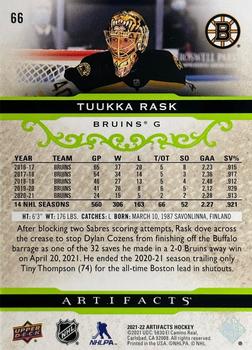 2021-22 Upper Deck Artifacts - Neon Green #66 Tuukka Rask Back