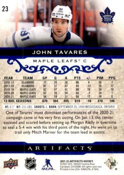 2021-22 Upper Deck Artifacts - Royal Blue #23 John Tavares Back
