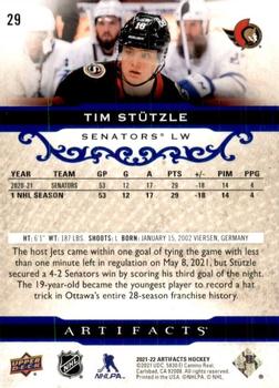 2021-22 Upper Deck Artifacts - Royal Blue #29 Tim Stutzle Back