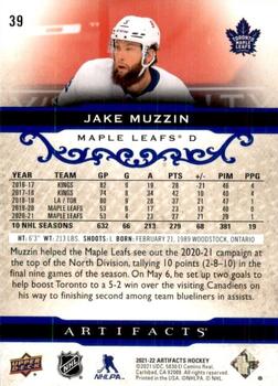 2021-22 Upper Deck Artifacts - Royal Blue #39 Jake Muzzin Back