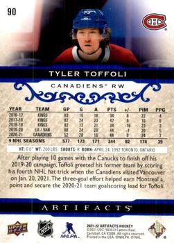 2021-22 Upper Deck Artifacts - Royal Blue #90 Tyler Toffoli Back