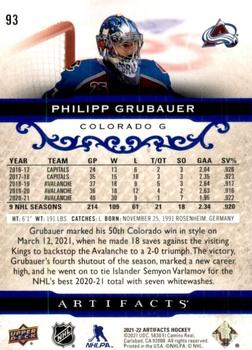 2021-22 Upper Deck Artifacts - Royal Blue #93 Philipp Grubauer Back