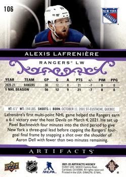 2021-22 Upper Deck Artifacts - Purple #106 Alexis Lafreniere Back