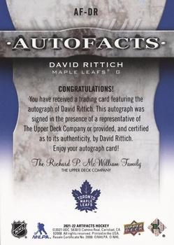 2021-22 Upper Deck Artifacts - Auto Facts #AF-DR David Rittich Back
