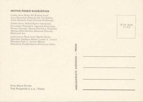 1972-73 Czechoslovak First Ice Hockey League Team Postcards #NNO Motor České Budějovice Back