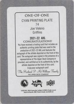 2021-22 Upper Deck AHL - Printing Plates Cyan #74 Joe Veleno Back