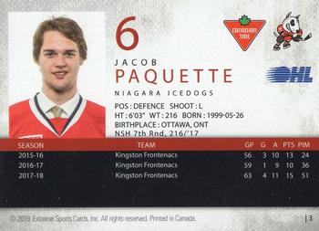 2018-19 Extreme Niagara IceDogs (OHL) Autographs #3 Jacob Paquette Back
