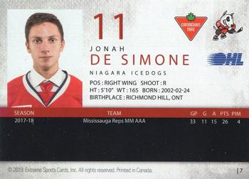2018-19 Extreme Niagara IceDogs (OHL) Autographs #7 Jonah De Simone Back