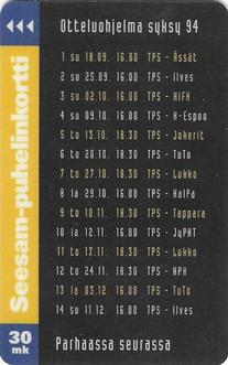 1994 Seesam Turun Palloseura Phonecards #D102 Otteluohjelma Front