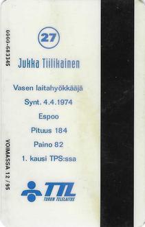1994 Seesam Turun Palloseura Phonecards #D105 Jukka Tiilikainen Back