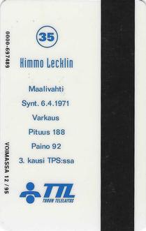 1994 Seesam Turun Palloseura Phonecards #D106 Kimmo Lecklin Back