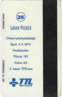 1994 Seesam Turun Palloseura Phonecards #D107 Lasse Pirjetä Back