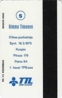 1994 Seesam Turun Palloseura Phonecards #D108 Kimmo Timonen Back