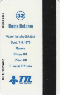 1994 Seesam Turun Palloseura Phonecards #D109 Kimmo Rintanen Back