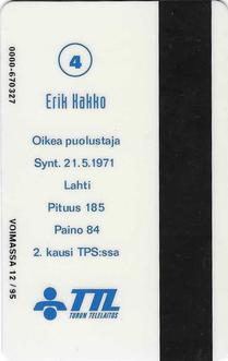 1994 Seesam Turun Palloseura Phonecards #D114 Erik Kakko Back