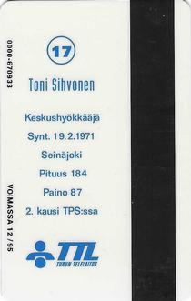 1994 Seesam Turun Palloseura Phonecards #D115 Toni Sihvonen Back