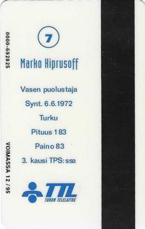 1994 Seesam Turun Palloseura Phonecards #D119 Marko Kiprusoff Back