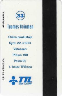 1994 Seesam Turun Palloseura Phonecards #D122 Tuomas Grönman Back