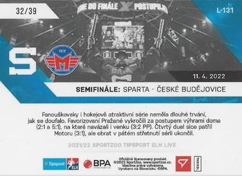 2021-22 SportZoo Live Tipsport ELH #L-131 Semifinale: HC Sparta Praha - HC Motor Ceske Budejovice Back