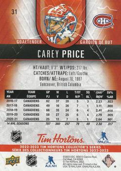2022-23 Upper Deck Tim Hortons #31 Carey Price Back