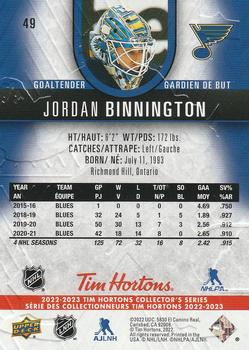 2022-23 Upper Deck Tim Hortons #49 Jordan Binnington Back