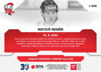 2022-23 SportZoo Live Tipsport ELH #L-008 Matous Mensik Back