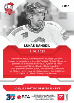 2022-23 SportZoo Live Tipsport ELH #L-017 Lukas Nahodil Back