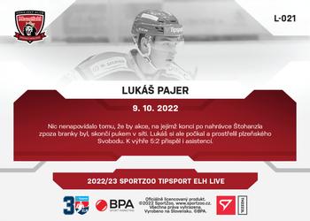 2022-23 SportZoo Live Tipsport ELH #L-021 Lukas Pajer Back