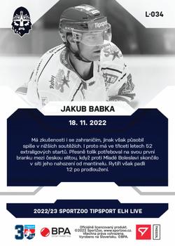 2022-23 SportZoo Live Tipsport ELH #L-034 Jakub Babka Back