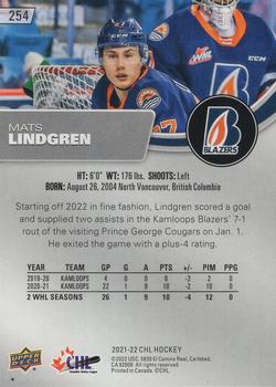 2021-22 Upper Deck CHL #254 Mats Lindgren Back