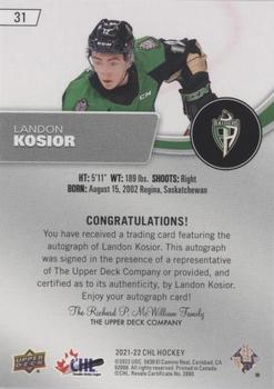 2021-22 Upper Deck CHL - Autographs #31 Landon Kosior Back