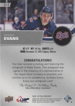 2021-22 Upper Deck CHL - Autographs #331 Ryker Evans Back