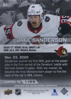 2022-23 Upper Deck Game Dated Moments #21 Jake Sanderson Back